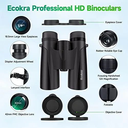 12x42 HD Binoculars for Adults, Super Bright High Power Binoculars with Large view, Clear Low Light Night Vision, BAK4, FMC Prisms, Waterproof Compact Binoculars for Bird Watching Hunting Stargazing