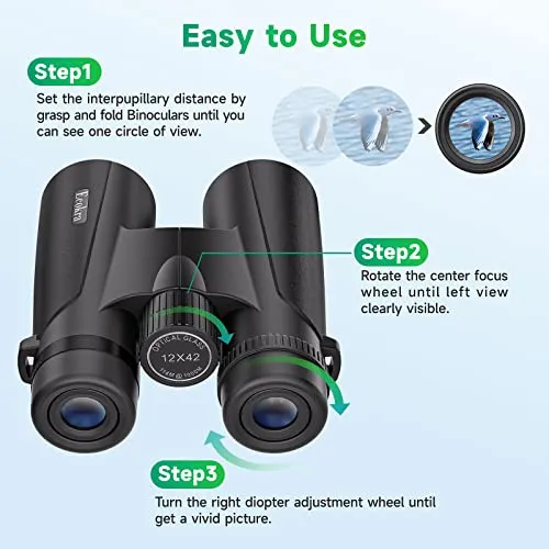 12x42 HD Binoculars for Adults, Super Bright High Power Binoculars with Large view, Clear Low Light Night Vision, BAK4, FMC Prisms, Waterproof Compact Binoculars for Bird Watching Hunting Stargazing