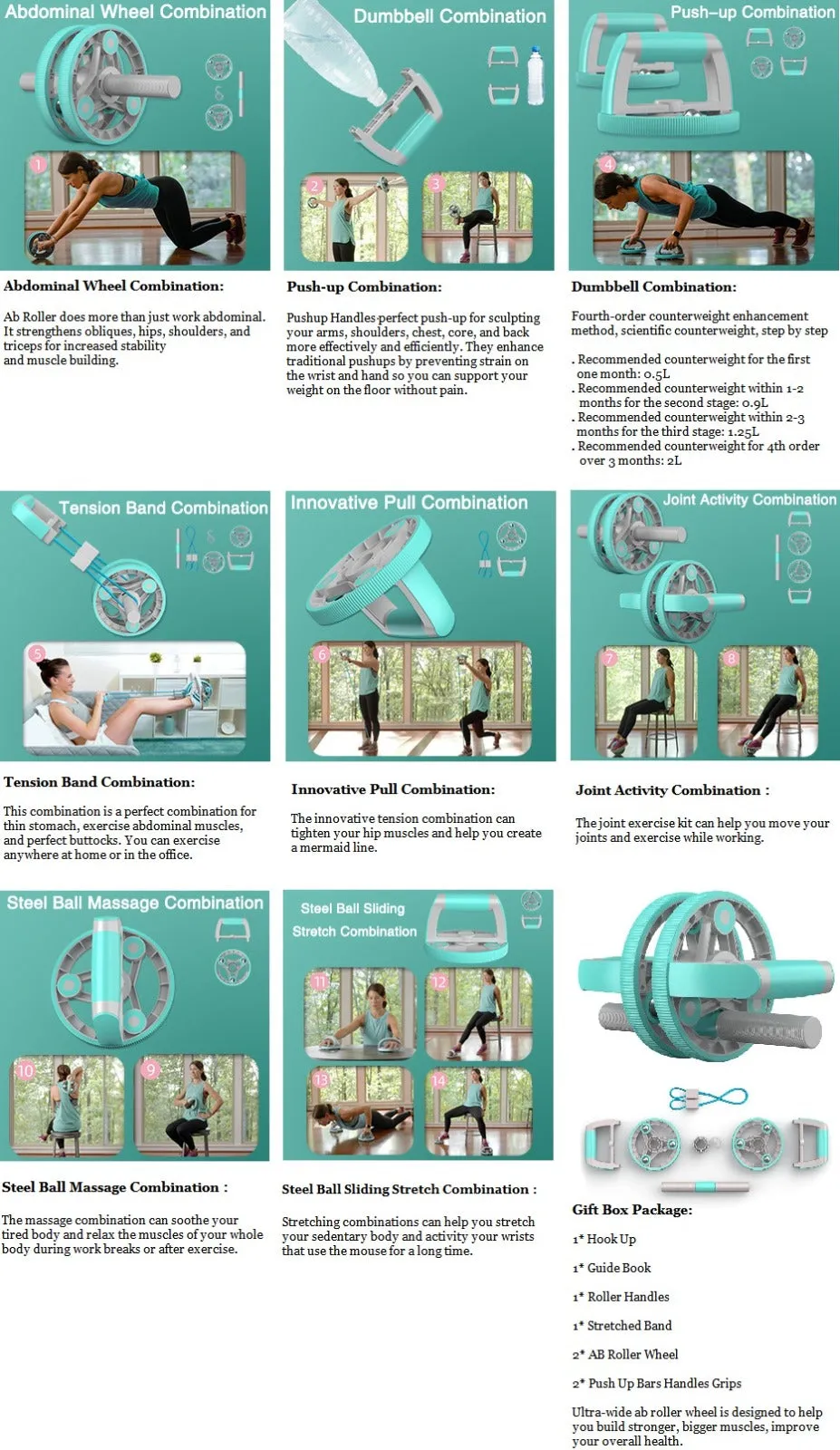 Automatic rebound abdominal roller wheel & Ab Wheel Slide 4 wheel roller with resistance band(10 Pack)