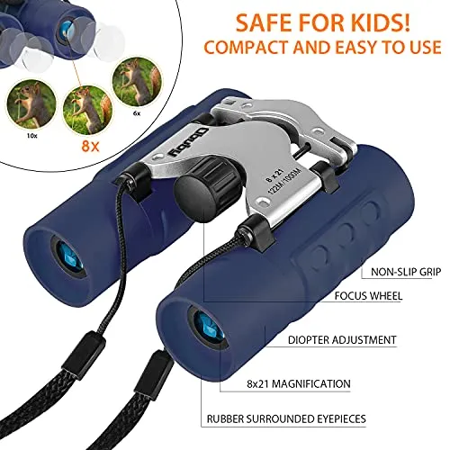 Obuby Real Binoculars for Kids Gifts for 3-12 Years Boys Girls 8x21 High-Resolution Optics Mini Compact Binocular Toys Shockproof Folding Small Telescope for Bird Watching,Travel, Camping, Navy Blue
