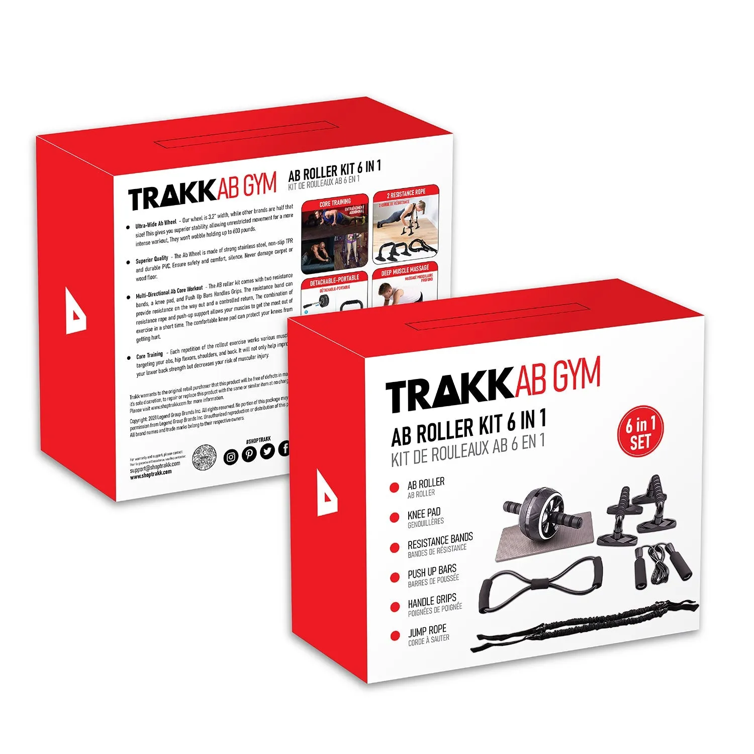 TRAKK Sport 6 in 1 Exercise Equipment Set with Ab Wheel, Handle Grips, Resistance Bands, Knee Pad, Jump Rope, and Pushup Bars for Full Body Workouts